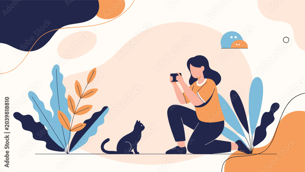 Obraz premium Young woman kneeling down to take a photo of a small cat with her smartphone in a stylized natural environment.