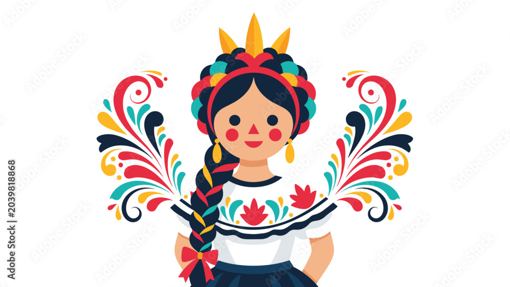 Fototapeta premium Beautiful Mexican girl dressed in a traditional white blouse and colorful floral crown with vibrant decorative swirls.