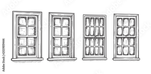 Foto Four vintage sash windows with multiple panes in a style glass frame