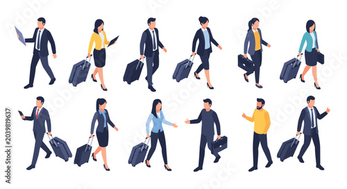 Collection of isometric travelers in business attire walking with suitcases and briefcases for corporate trips.
