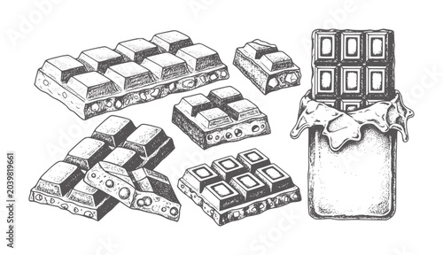 Canvas Print Hand drawn chocolate bars and pieces with melting wrapper