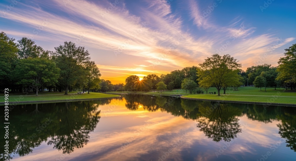 Fototapeta premium Tranquil lake reflecting colorful sunset sky over trees nature landscape