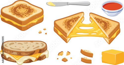 Slika na platnu Grilled Cheese Sandwich Vector Illustration Featuring Melted Cheese, Diagonal Cu