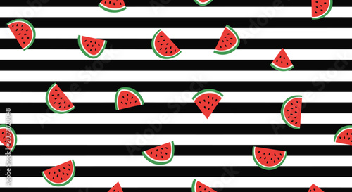 Summer themed seamless pattern showing red watermelon slices over a classic black and white horizontal striped background for wallpaper.