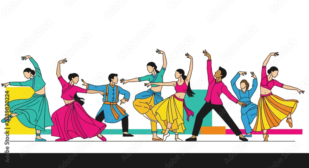 Fototapeta premium Group of People Performing Traditional Indian Dance in Vibrant Outfits