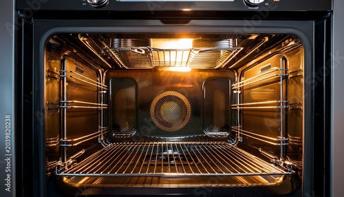 modern black oven with the door open and the interior light on