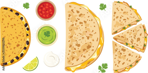 Cuadro en lienzo Taco and Quesadilla Vector Illustration Featuring Corn Tortilla, Cheese Filling,