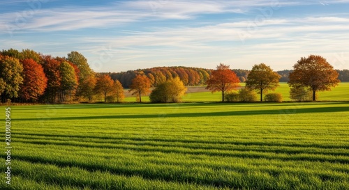 Vibrant autumn landscape featuring trees and a lush green meadow under a blue sky