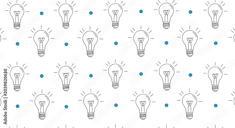 Obraz premium Seamless pattern of hand drawn light bulbs and blue dots on a white background symbolizing ideas creativity and innovative thinking.