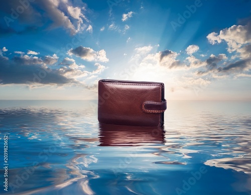 wallet floating on water with iridescent reflections and dreamy sky