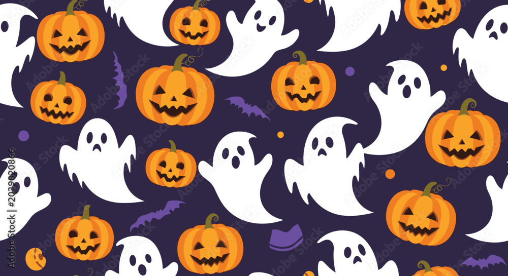 Fototapeta premium Fun halloween seamless pattern with grinning pumpkins white ghosts and purple bats on a dark purple background filled with stars and dots.