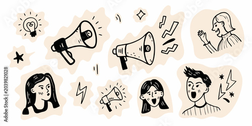 Foto Megaphone Doodles And Facial Expressions Hand drawn Vector Illustration