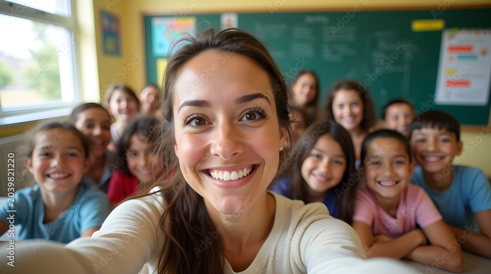 Fototapeta premium Happy Group of Children with Smiling Teacher Taking Selfie in Classroom Setting
