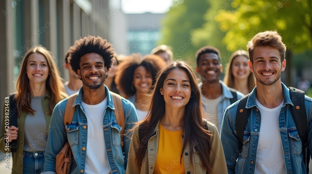 Obraz premium Diverse Group of Young People Smiling and Walking Together in a Sunlit Urban Area