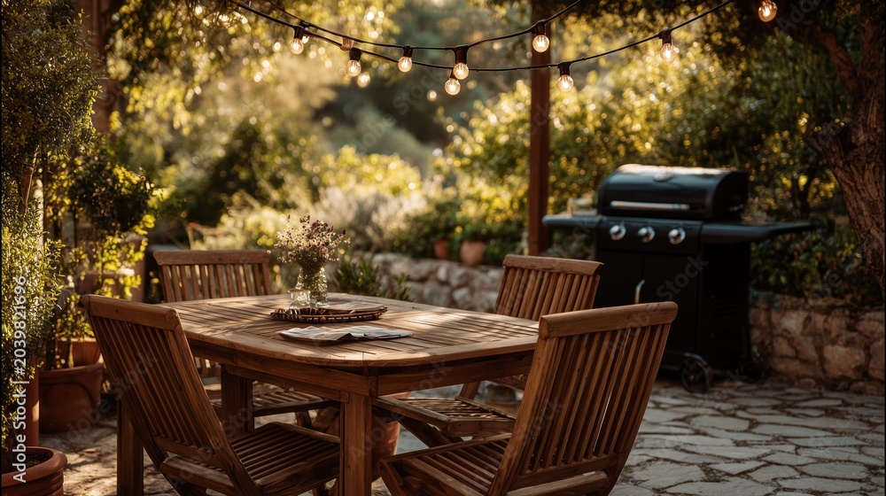 Obraz premium Outdoor dining area is ready with a wooden table, chairs, and grill surrounded by plants and lights at sunset