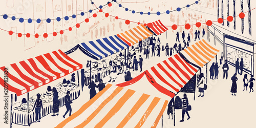 Bild auf Leinwand street market scene hand drawn sketch illustration