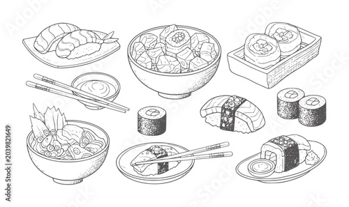 Hand drawn of various sushi dishes and chopsticks white sashimi salmon rice