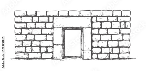 Hand drawn stone wall with doorway and rough textured blocks entrance ancient