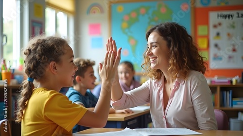 Joyful Teacher and Student Engaging in High Five during Interactive Learning Session in Classroom