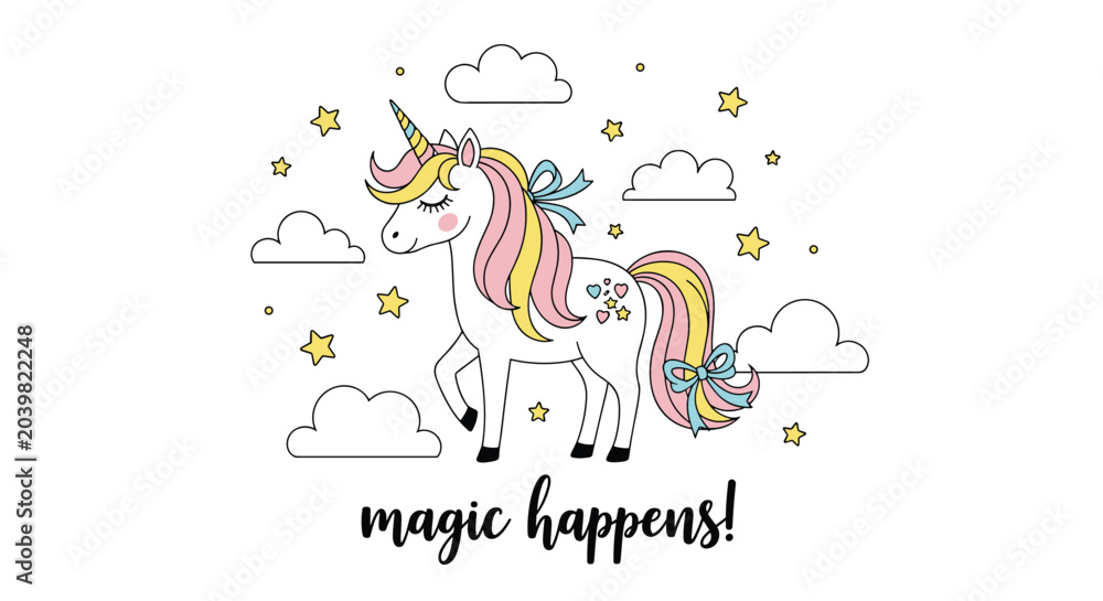 Obraz premium Magical unicorn illustration jumping among clouds and stars with text magic happens for kids, nursery, and fantasy themes.
