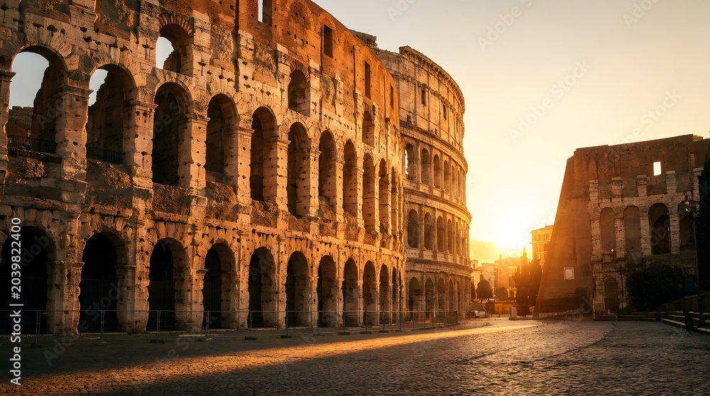 Fototapeta premium Ancient roman colosseum amphitheatre at sunset with colosseum amphitheatre landmark architecture