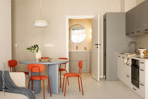фотографія Minimalist Open Plan Living Space with Dining Area and Kitchenette Interior Desi