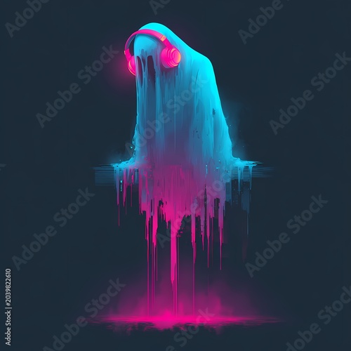 Melting Glitch Ghost with Neon Pixel Trails in Cyber Dark Atmosphere
