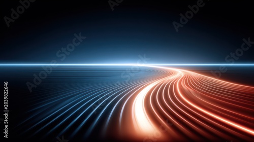 Glowing light trails curve dramatically into a dark horizon under a bright blue line