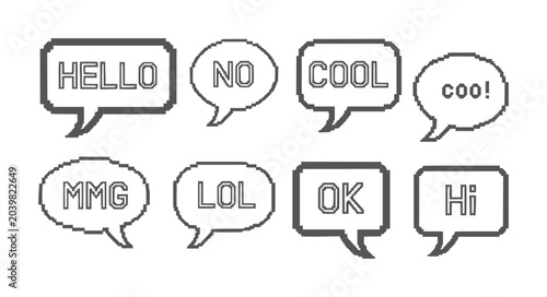 Canvas-taulu Pixelated speech bubbles with common internet slang and greetings text hello