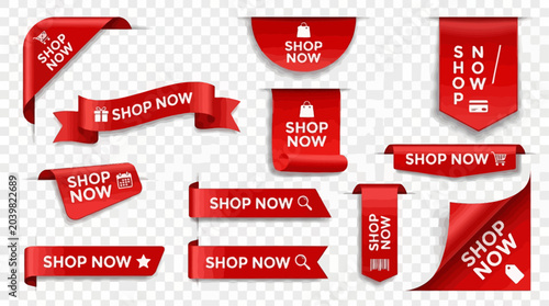 Collection of red promotional tags and banners with the text 