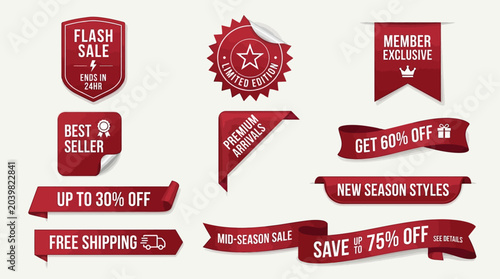 Collection of red sale and discount banners, ribbons, and labels with promotional text for advertising