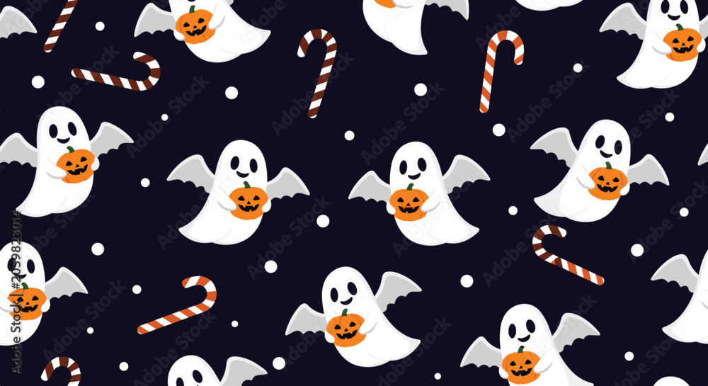 Fototapeta premium Seamless pattern of cute flying ghosts holding small orange pumpkins and candy canes on a dark blue background for a halloween theme.