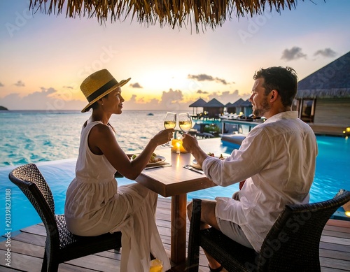 Romantic couple enjoying a sunset dinner by the pool