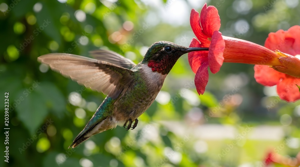Obraz premium Ruby-throated hummingbird hovering near red flower with hummingbird hovering wildlife colorful