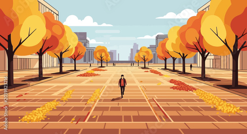 Fotografie Autumn park alley with person walking, colorful trees, fallen leaves, cityscape