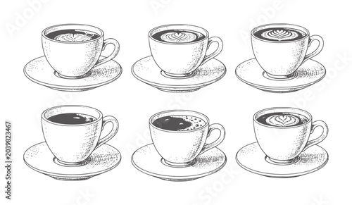 Quadro su tela Six hand drawn coffee cups with latte and foam saucers