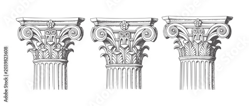 Konstfotografi Three Corinthian column capitals with acanthus leaves and volutes leaf