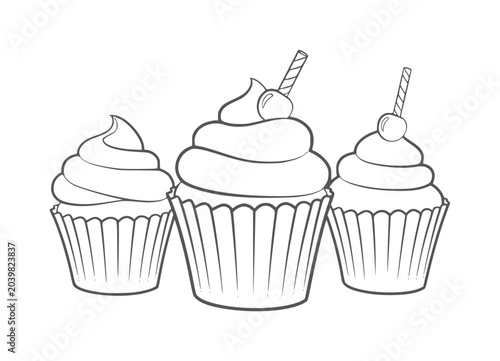 Canvas Print Three outlined cupcakes with swirled frosting and cherry toppings dessert