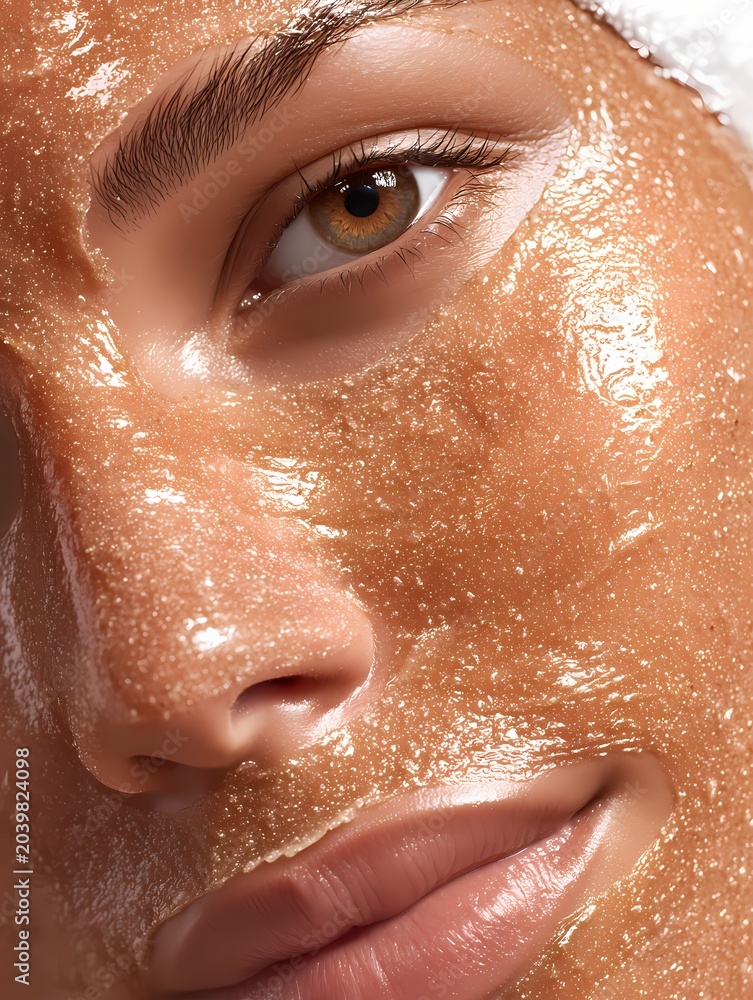 Fototapeta premium Close-up portrait of woman with golden glitter makeup on face in natural light