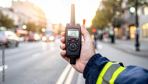 Hand holding a digital sound meter device outdoors on a city street for noise measurement and ordinance violation enforcement