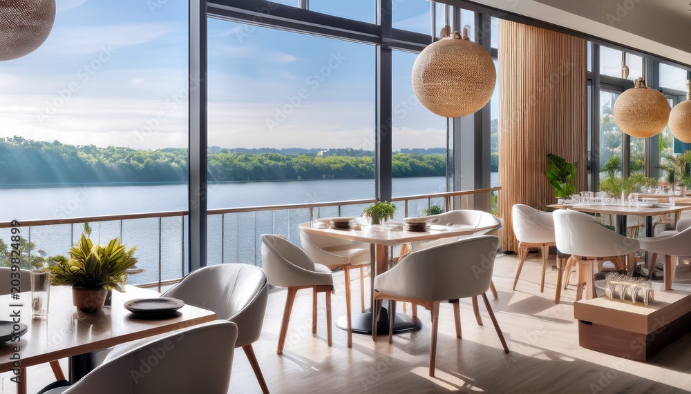 Fototapeta premium bright and modern cafe interior featuring elegant furniture and a view of the serene waterfront
