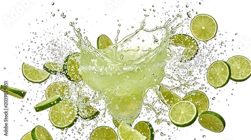 Razor sharp macro shot of pale green margarita liquid with lime slices splash.