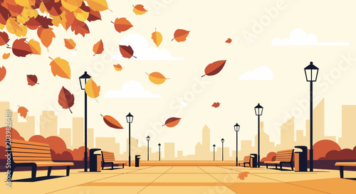 Billede på lærred Autumn park landscape with falling leaves, benches, lampposts, and cityscape bac