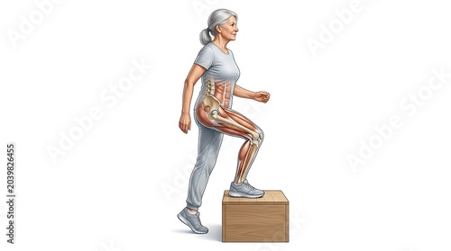 Senior woman exercising with anatomical leg muscle overlay