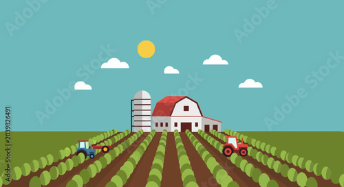 Flat Design Farm Landscape with Barn, Silo, Tractors and Crops