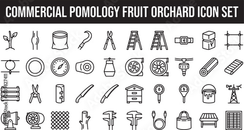 Commercial Pomology Fruit Orchard Icon Set Featuring Agricultural Tools Equipment and Farming Infrastructure in Linear Vector Style