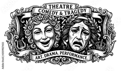 Obraz na płótnie Theatre comedy and tragedy masks vintage woodcut engraving vector illustration