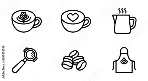 Foto Coffee Icons Set, Barista Tools & Cafe Elements, Simple Line Art Vector Graphics