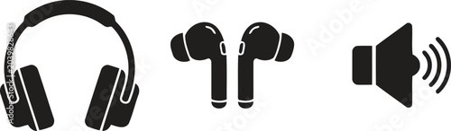 Black icons of headphones, earbuds and speaker