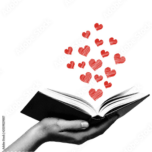 Photos Hand holding open book with floating red hearts, romance novel vintage halftone